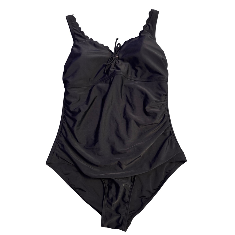 Kona Sol Black Ruched One Piece Swimsuit Lace Up V Neck Plus Size XL